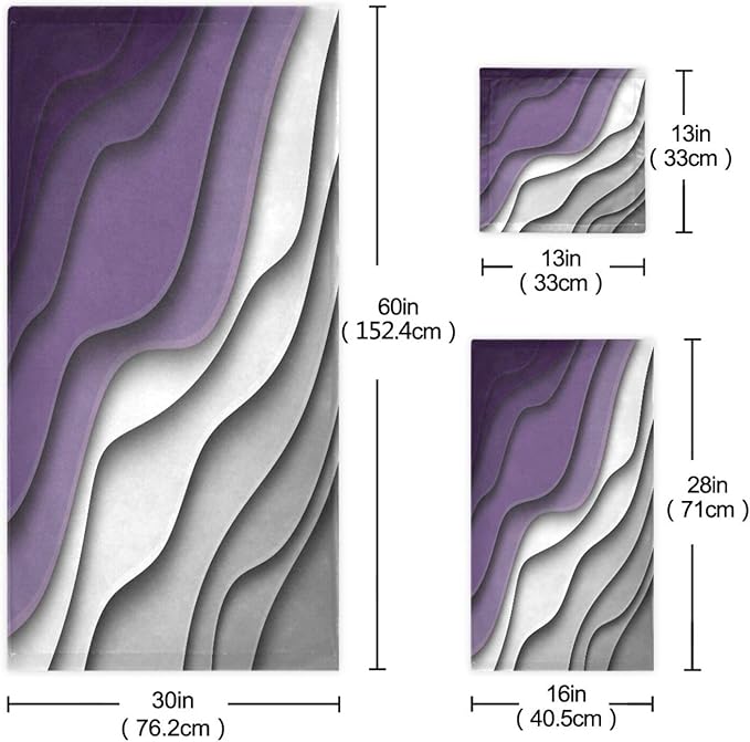 Purple Grey Stirped Bath Towels Set,Absorbent Soft 3 Piece Mid Century Beach Themed Abstract Towels for Bathroom,1 Bath Towel 1 Hand Towel 1 Washcloth,Quick Dry Decoractive Bathroom Towels