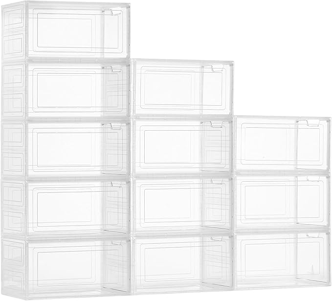 VEVOR Shoe Storage Boxes, 12 Pack Clear Stackable Shoe Boxes Storage Organizers with Magnetic Door, Fit up to US Size 13, Plastic Sneaker Containers for High Heels, Boots, and Hats, Transparent White