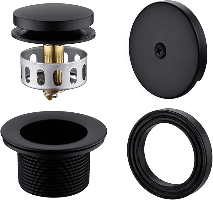 Brass Tip-Toe Tub Drain Kit with Basket Strainer and Single Hole Overflow Faceplate, Matte Black