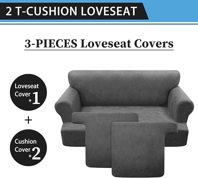 3-Pieces T Cushion Loveseat Slipcovers Leather Look Couch Cover Loveseat Covers for 2 Cushion Couch Furniture Protector Stretch Sofa Cover with 2 Individual T Cushion Seat Covers, Grey