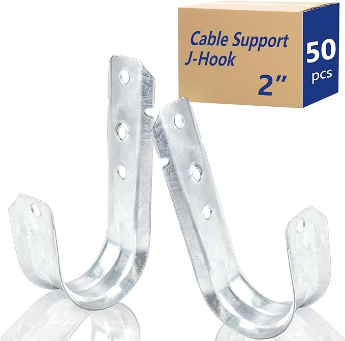 SIHAI (50 Packs 2” Inch J-Hooks, UL Certified Heavy-Duty Cable Support Hooks for Hanging CAT6/6A, Fiber Cable Management and Low Voltage Wiring