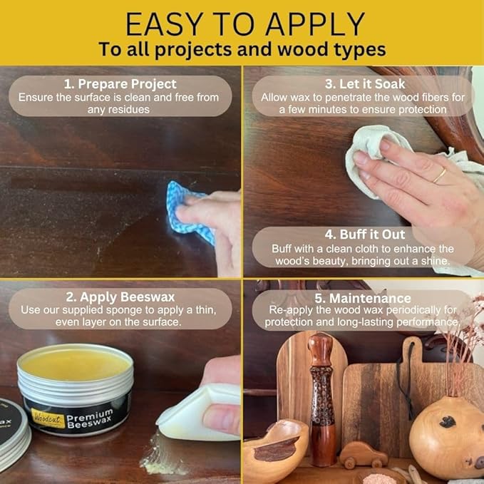 Beeswax Woodcut Premium 7oz, Wood Cream, Food Safe for Cutting Boards, Woodturning, Furniture, Benchtops, Cupboards, Baby Toys, Floors and Leather. Aluminium Container with Sponge