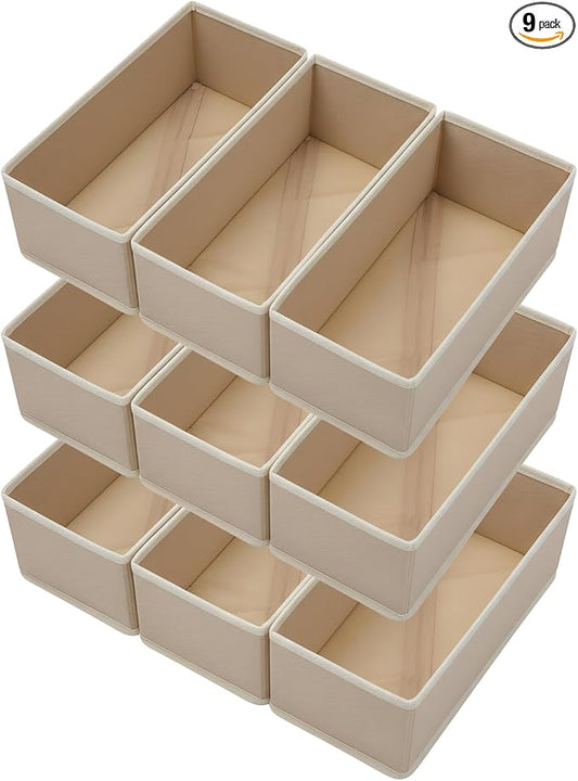 Sock Drawer Organizer 9 Pack - Collapsible Fabric Storage Bins for Underwear Divider, Small Closet Organizers with 9 Compartments, Khaki