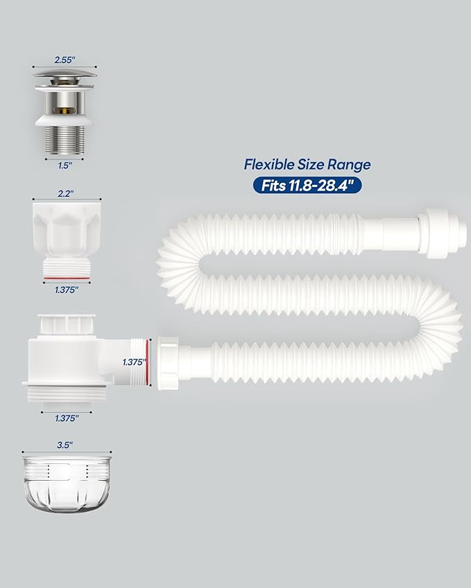 BOTEMY Polished Bathroom Sink Drain Kit with Flexible Sink Drain Pipe -No Tool Installation,11.8-28.4" Anti-Odor Expandable Sink P-Trap,1.25"-1.5" Pop Up Stopper &Strainer Hair Catcher(with Overflow)