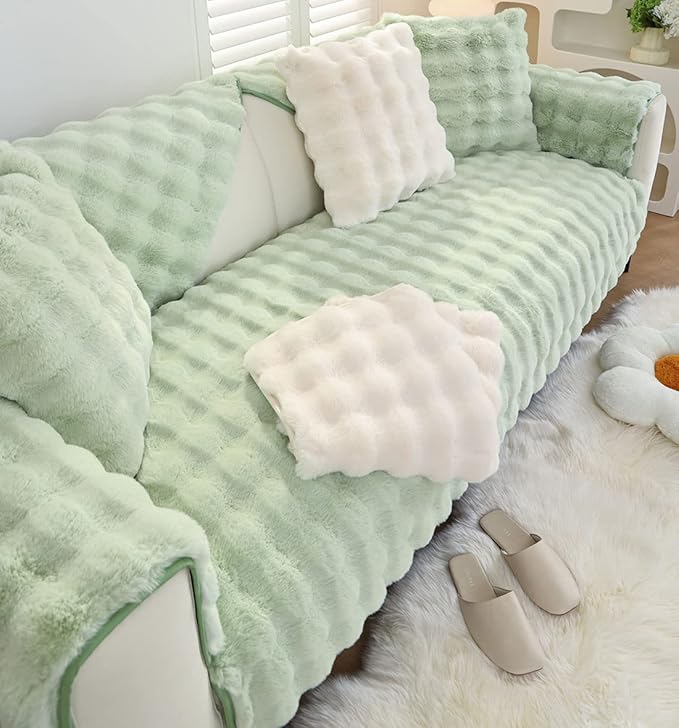Soft Warm Faux Fur Couch Sofa Cover Thick Shaggy Fuzzy Sectional Couch Cover Non-Slip Solid Color Plush Sofa Slipcover Furniture Protector for Kids, Pets (Light Green,28"x47")