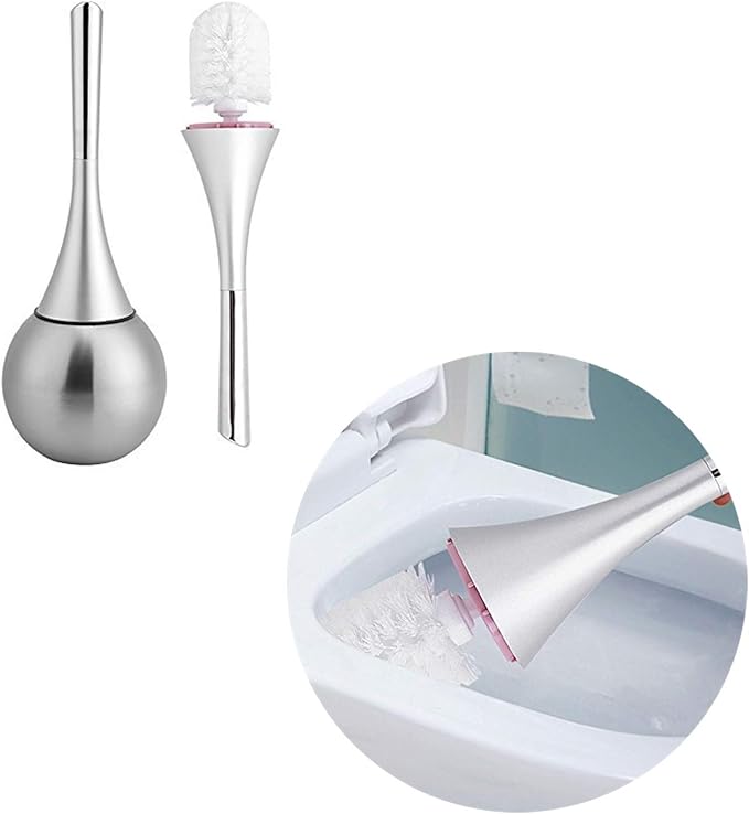 Toilet Bowl Brush and Holder, Creative Toilet Brush Set with Stainless Steel Base (Silver)