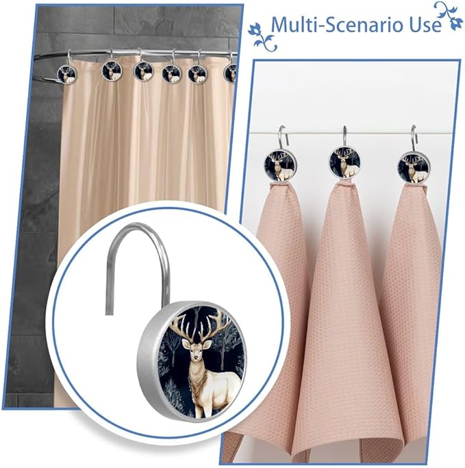 12 Packs Deer Shower Curtain Hooks, Crystal Glass Shower Curtain Rings for Bathroom, Rustproof Metal Decorative Curtain Rod Hooks, Stainless Steel