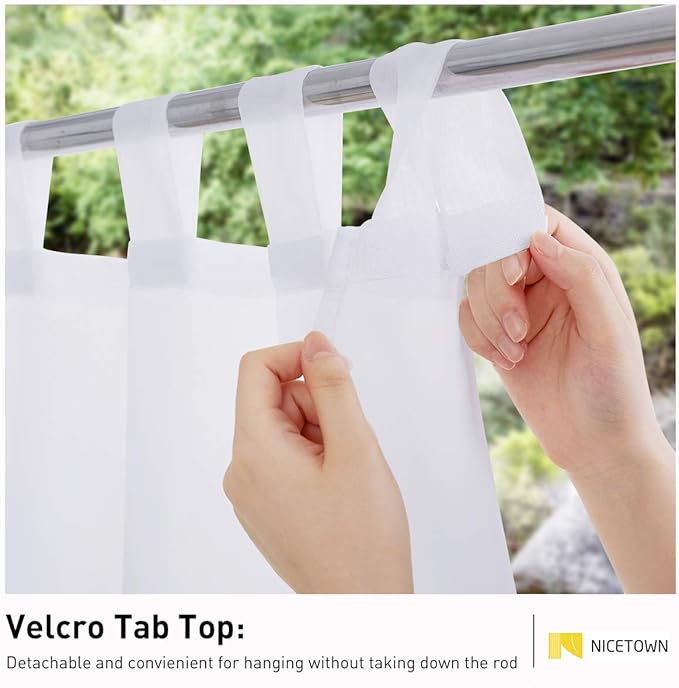 NICETOWN 2 Panels Patio Outdoor Curtains for Patio Waterproof, Self-Stick Tab Top Indoor Outdoor Waterproof Sheer Drapes with Light Filtering for Pergola/Porch, W100 x L108, White