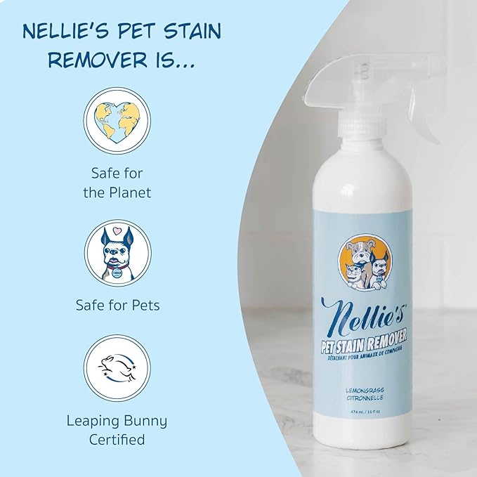 Nellie's Pet Stain & Odour Remover - Lemongrass Scented - Safe on Fabrics & Carpets - Pet-Safe & Powerful Formula - Removes Stains & Odours for a Fresher Home - Friendly Cleaner for Pet Accidents