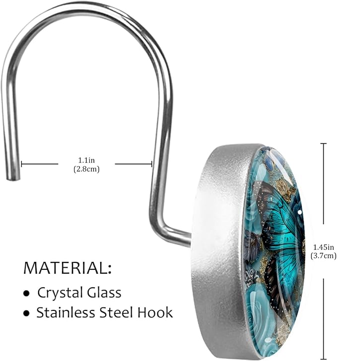 Navy Blue Butterfly Shower Curtain Hooks 12Pcs, Decorative Rust Resistant Shower Rings for Shower Curtain Rods, Stainless Steel Round Curtain Hooks for Bathroom, Bedroom, Farmhouse