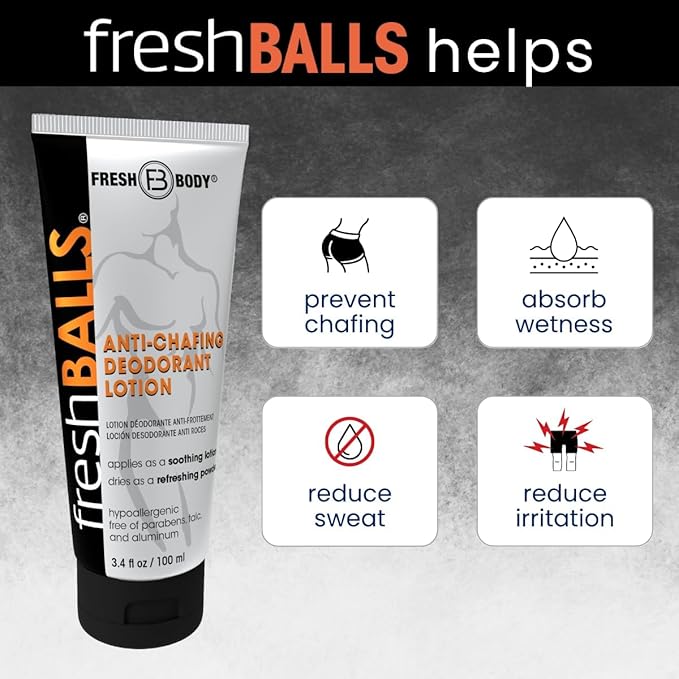 FRESH BALLS Starter Pack - Anti Chafing Lotion for Men, Chafing Cream to Powder Ball Deodorant - Aluminum-Free, Talc-Free 3.4oz Tube & 0.07oz On-The-Go Travel Size Packet (Pack of 15)