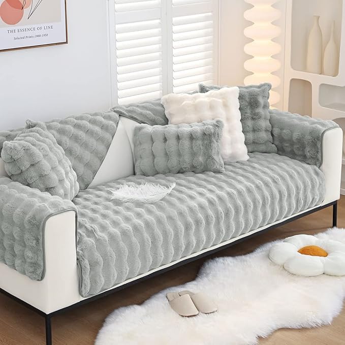 Soft Warm Faux Fur Couch Sofa Cover Thick Shaggy Fuzzy Sectional Couch Cover Non-Slip Solid Color Plush Sofa Slipcover Furniture Protector for Kids, Pets (Light Grey,36"x47")