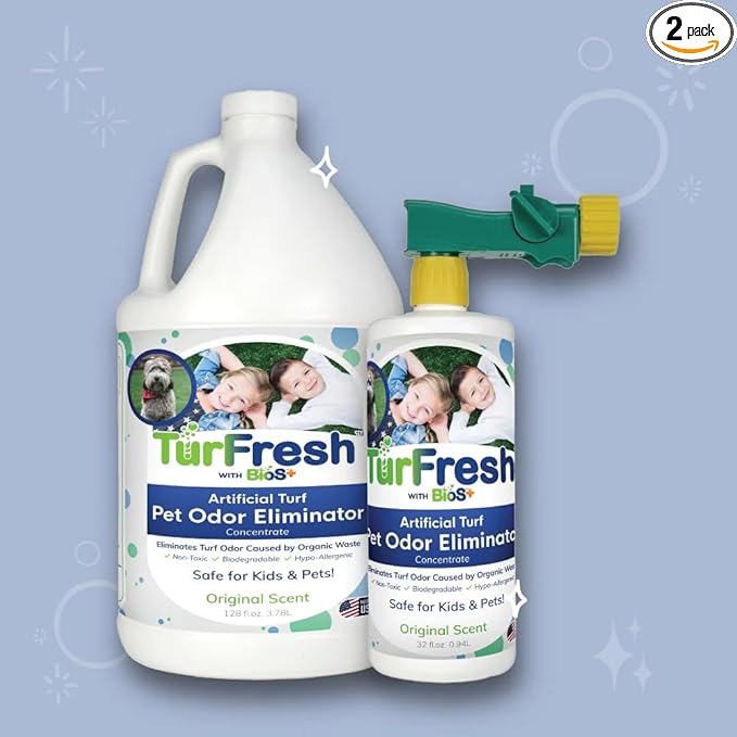 TurFresh BioS+ Artificial Turf Odor Eliminator Value Pack – Yard Deodorizer – Enzyme Concentrate for Pet Urine & Feces – Safe for Kids & Pets – 1 Gallon & 32 oz Bottle Sprayer, Original Scent