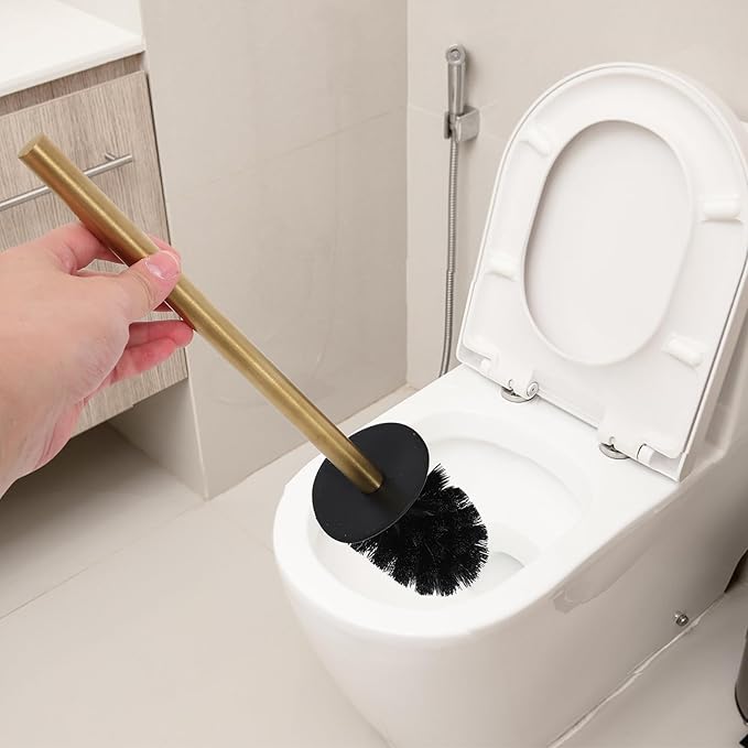 Operitacx Stainless Steel 304 Toilet Brush and Holder Set, Round Gold Bathroom Toilet Bowl Brush with Base and 3 Replacement Heads, Bathroom Cleaning Accessory for Home Use