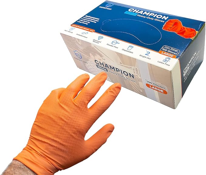 8 Mil Orange Nitrile Gloves Mechanic Grade, Oil & Chemical Resistant, Heavy-Duty Disposable for Auto Repair