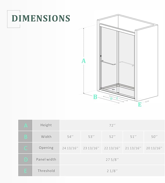 Glass Shower Door,50-54 x 72 inch Bathroom Sliding Door with 1/4'' Clear Tempered Glass,Double Sliding for Walk-in Semi-Frameless Black Shower Door Silent Glide Technology Reversible Door