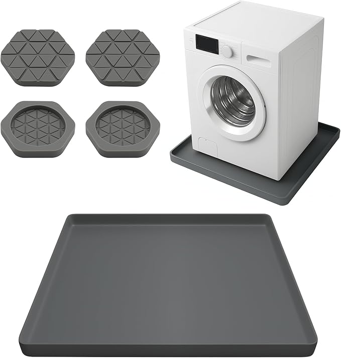 27" X 27" Washer Tray for Floor Protection, Washing Machine Drain Pan Silicone Mat with 4Pcs Anti Vibration Pads for Dryer, Washer, Refrigerator
