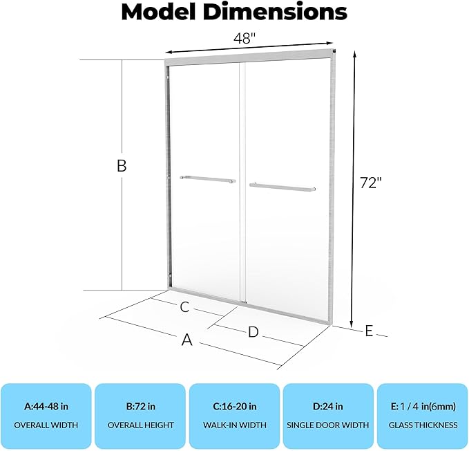 Semi-Frameless Shower Door 44-48" W x 72" H, Double Sliding Doors, Tempered Glass, Easy-Clean & Durable Bathroom Door with Hardware Kit