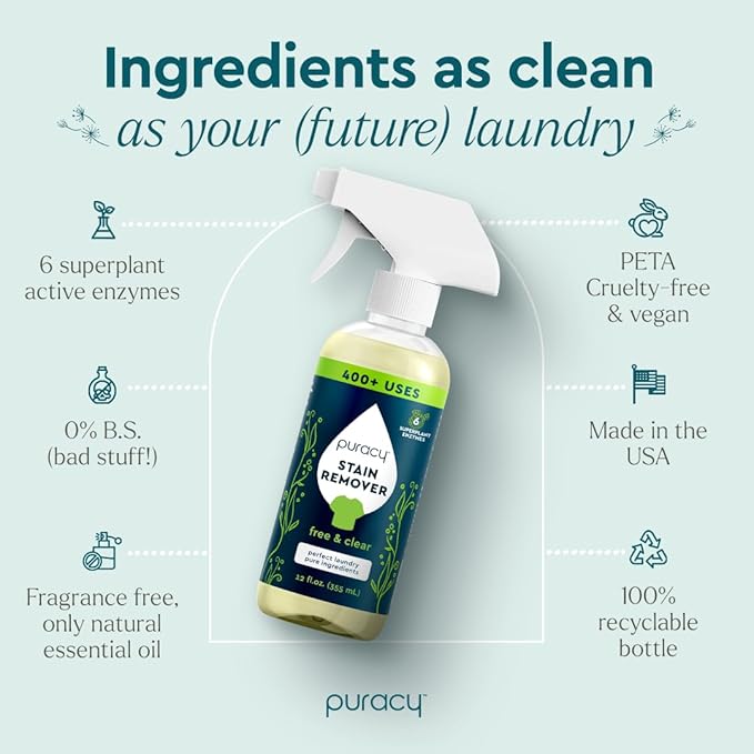 Puracy Stain Remover - Cleaning Spray for Clothes, Laundry Spray for Clothes, Travel Stain Remover - Natural Spot Cleaner, 12oz & 48oz Bundle