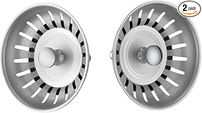 KANARY Stainless Steel Kitchen Sink Strainer Basket-Replacement for Standard Drains(3-1/2 Inch)-Ball-Lock Rubber Stopper (2-Pack, Stainless Steel)