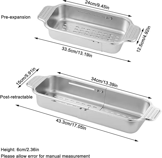 Stainless Steel Extendable Colander Strainer, Metal Washing Basket for Vegetable and Fruit, Easy to Clean, Drain Quickly (S)