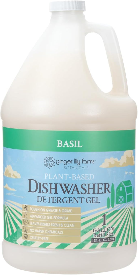Ginger Lily Farms Botanicals Plant-Based Dishwasher Detergent Gel, 100% Vegan & Cruelty-Free, Basil Scent, 1 Gallon (128 Fl Oz) Refill