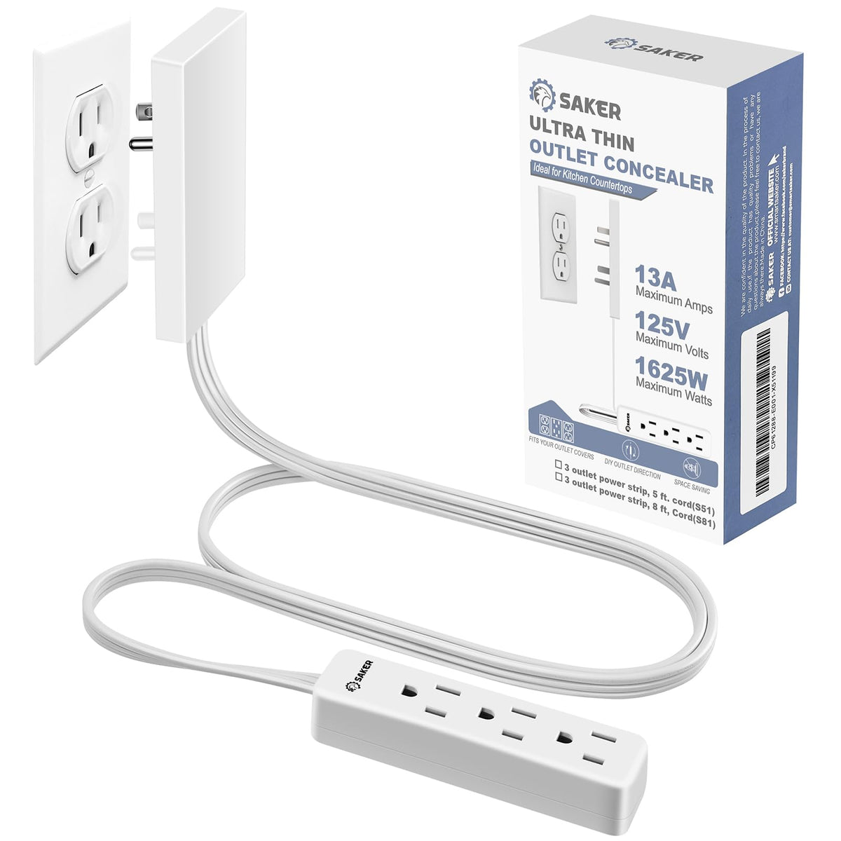 Saker Outlet Cover with Flat Extension Cord, 3-Outlet Extender - Image 1