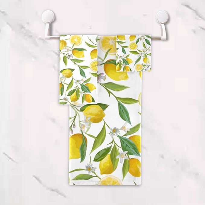 3 Piece Yellow Lemon Bath Towel Set,Microfiber Decorative Tropical Lemon Fruit Floral Green Leaf Farmhouse Bathroom Towels,1 Bath Towel 1 Hand Towel for Bathroom Kitchen,1 Washcloth for Face