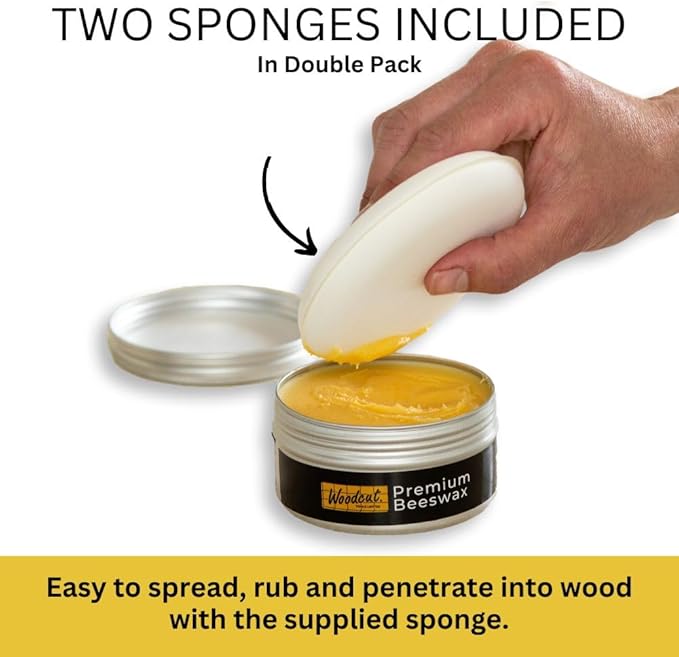 Beeswax Woodcut Premium 14oz total, Wood Cream Food Safe for Cutting Boards, Woodturning, Furniture, Benchtops and Baby Toys. Leather 2x Aluminium Containers with two Sponges