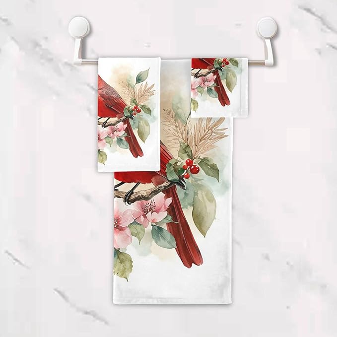 Pfrewn Christmas Winter Towels Set of 3 Red Cardinal Bird on Beautiful Flowers Bathroom Towel Soft Absorbent Bath Hand Towels Washcloth Guest Towel Sets Xmas Holiday Decor