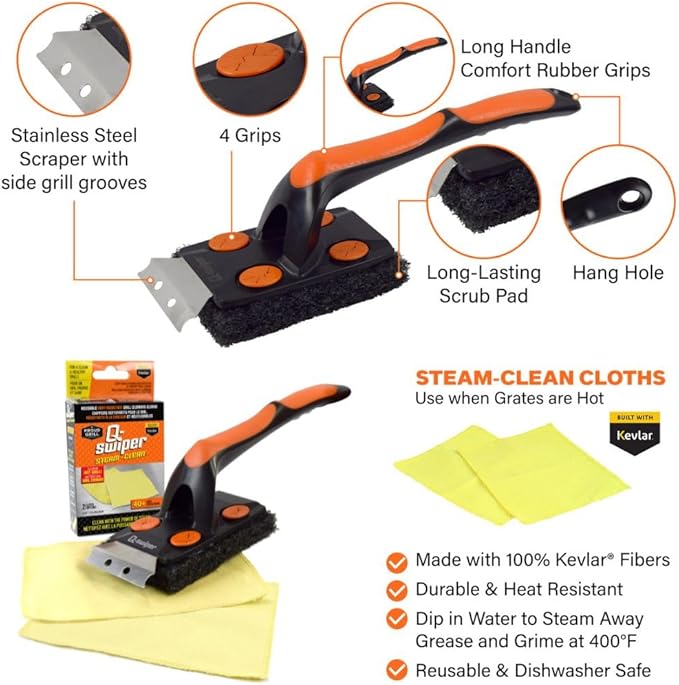 Q-Swiper XL Steam-Clean BBQ Grill Cleaner Set - 1 Long Grill Brush with Scraper, 2 Heat Resistant Kevlar® Steam Clean Cloths, 1 Tray | Bristle Free | Safe Way to Steam away Grill Grease & Grime