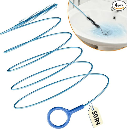 4 Pack Snake Drain Hair Removal Tool, Reusable Drain Snake Hair Drain Clog Remover Tool, 50 Inch Anti-break Steel Shower Drain Snake for Bathtub, Bathroom Sink Drain Unclog