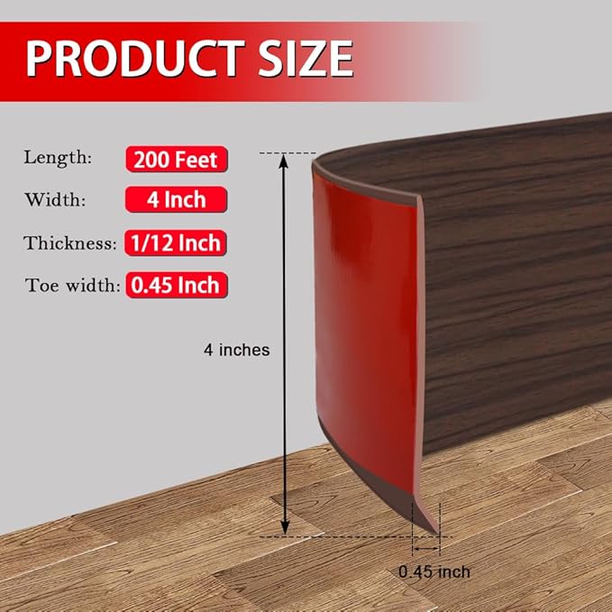 Vinyl Wall Base Baseboard Molding Trim 4" Flexible Self Adhesive Rubber Wall Base Moulding Trim Peel and Stick Design, 4 Inch x 200 Feet, Brown Wood