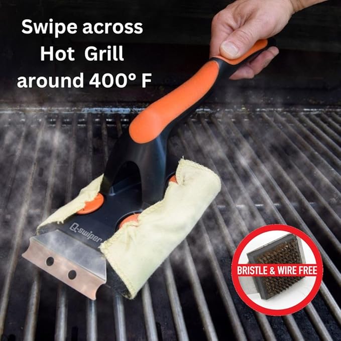 Q-Swiper XL Steam-Clean BBQ Grill Cleaner Set - 1 Long Grill Brush with Scraper, 2 Heat Resistant Kevlar® Steam Clean Cloths, 1 Tray | Bristle Free | Safe Way to Steam away Grill Grease & Grime