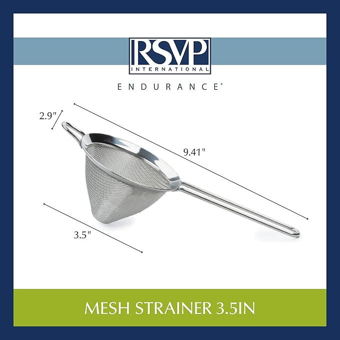 RSVP International Endurance Kitchen Collection, Stainless Steel Fine Mesh Conical Sieve/Colander, Multi-Purpose for Cooking, Baking, Loose Leaf Tea, Bar Strainer Cocktails, 4-Inch