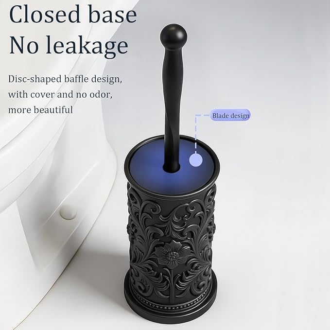 Black Toilet Brush and Holder Set, Floral Embossed Design Plastic Toilet Bowl Brush Set with Durable Bristles, Space-Saving Bathroom Cleaning Tool for Modern Decor