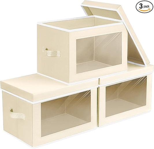 Collapsible Storage Bins with Lids - Stackable Storage Containers with Window, 3 Pack Fabric Organizing Bins for Closet, Home & Office Organization Baskets, Beige, 14.9" x 9.8" x 9.8"