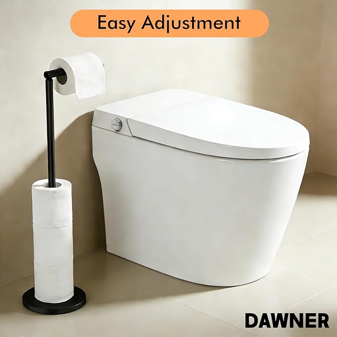 DAWNER 24" Black Toilet Paper Holder Free Standing, Stainless Steel Rustproof Toilet Paper Stand with Storage, Stable Heavy Weighted Flat Base for Apartment, Bathroom, Kitchen, Matte Black Finish