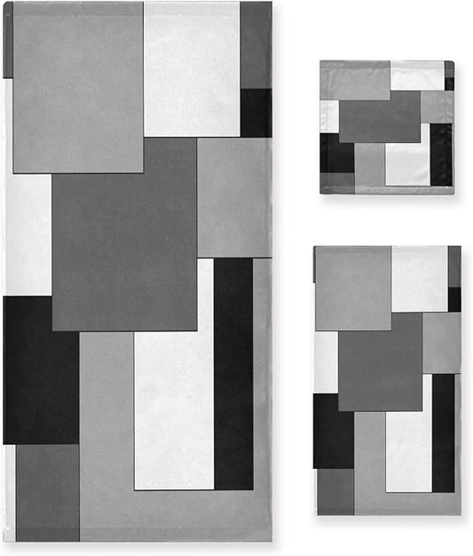 Geometric Bath Towels Set,3 Piece Soft Absorbent Black White Grey Checkered Towels Set(1 Bath Towel 1 Hand Towel 1 Washcloth),Microfiber Decorative Bathroom Towels for Fingertip,Hair,Face