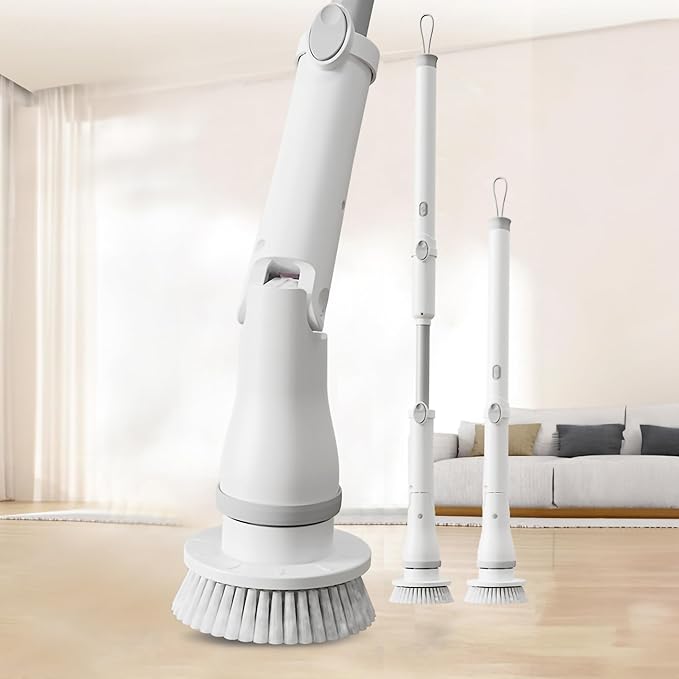 FixtureDisplays® 30-49" Adjustable Electric Spin Scrubber, Cordless Cleaning Brush with Extendable Arm 6 Replaceable Cleaning Heads, Power Shower Scrubber for Bathroom, Tub, Tile, Floor 15757
