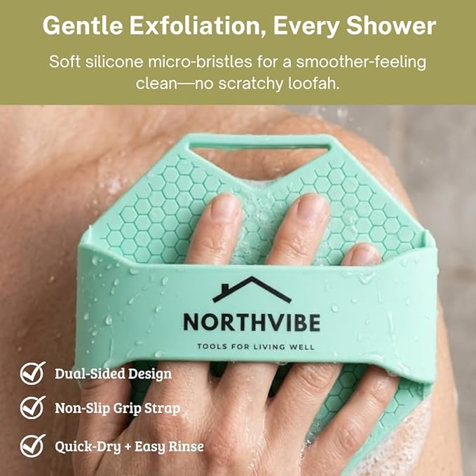 NORTHVIBE Silicone Body Scrubber for Shower, Soft Micro-Bristle Exfoliating Bath Brush, Loofah Alternative, Hand Loop Strap Grip, Quick-Dry Easy-Rinse Platinum-Cured Silicone, Sensitive Skin (Green)