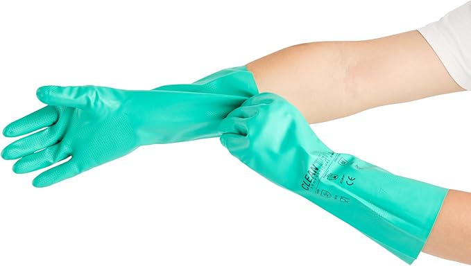 Restaurantware Green Cleaning Gloves 10 Pairs 15 Mil Thick Large Heavy-Duty Nitrile Gloves With Long Cuff No-Latex Flock Lining For Use In Hospitals, Laboratories, Kitchens and Households