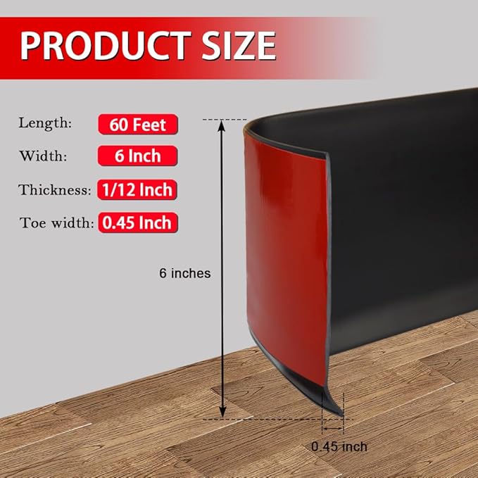 Vinyl Wall Base Baseboard Molding Trim 6" Flexible Self Adhesive Rubber Wall Base Moulding Trim Peel and Stick Design, 6 Inch x 60 Feet, Black