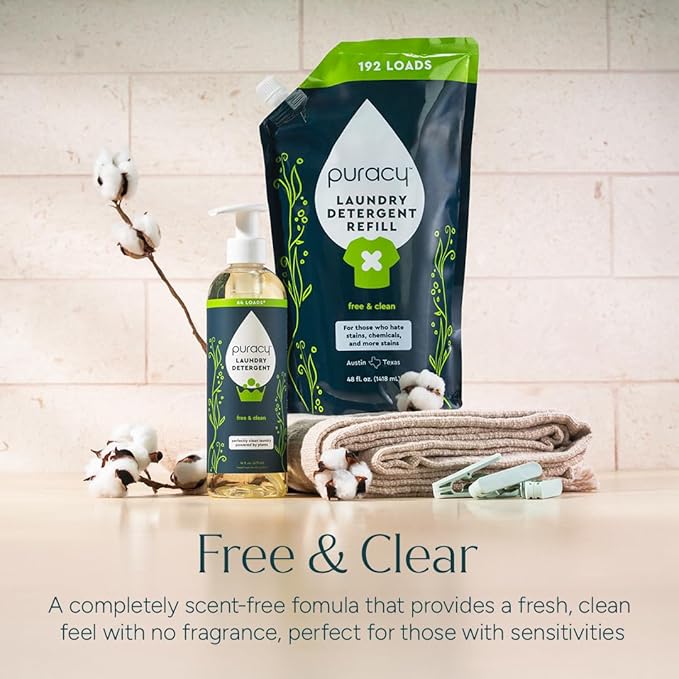 Puracy Laundry Detergent Refill - Enzyme-Powered Liquid Detergent Concentrate, Natural Laundry Detergent Seen on TikTok, Non-Toxic (Free & Clear, 48 fl oz, 192 Loads) (Pack of 2)