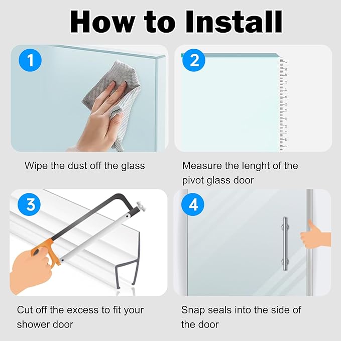 2pcs Shower Door Side Seal Strips, 80” Long H-Type Pivot Glass Door Side Seal, Stop Shower Leaks, Suitable for 3/8" Glass