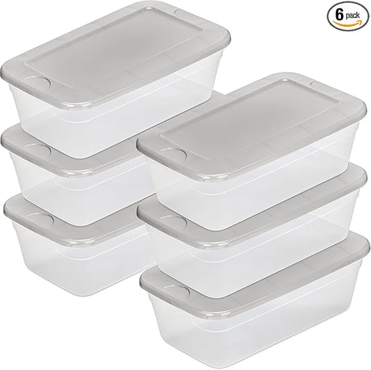DecorRack Clear Plastic Storage Containers, 6 Quart Shoe Boxes, Stackable, Perfect for Toy Storage, Cat and Dog Food Container, Grey (6 Pack)