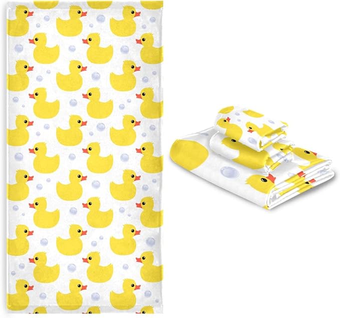 3 Piece Yellow Ducks Bath Towel Set,Microfiber Decorative Vintage Cute Animal Duck Bubbles Pattern Themed Bathroom Towels,1 Bath Towel 1 Hand Towel for Bathroom Kitchen,1 Washcloth for Face