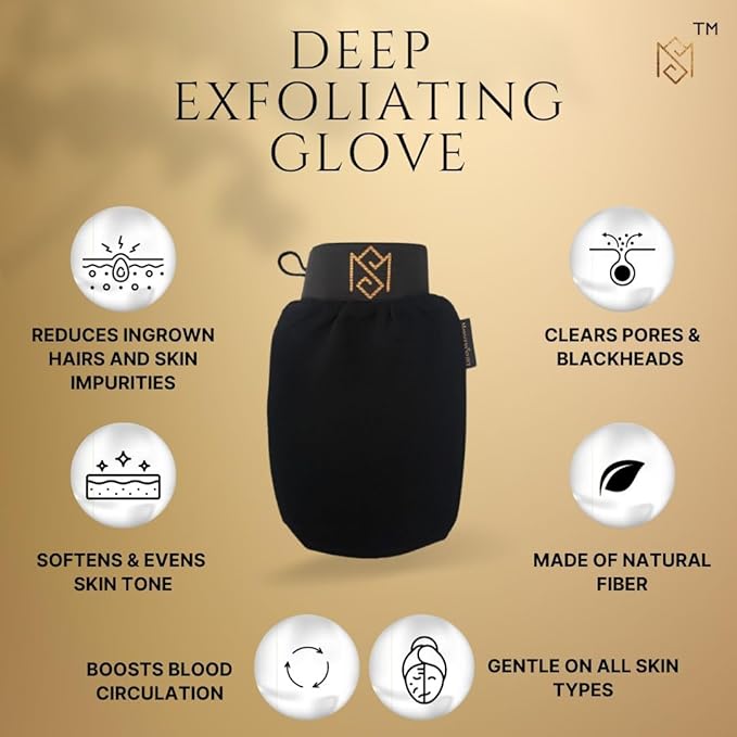 Exfoliating Glove Kessa Mitt Body Scrubber – Dead Skin Remover Shower Glove for Deep Pore Cleansing, Black Soap, and Moisturizer with Argan Oil by Moroccan Source – 3 Piece Spa Set Kit