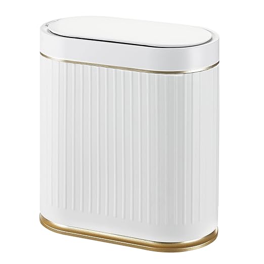 ELPHECO Bathroom Trash Can with Lid 2 Gallon Motion Sensor Garbage Can 7.5 Liter Small Trash can Touchless Bathroom Decor Waterproof Smart Waste Bin with Stripes for Bedroom, Office (White-Golden)