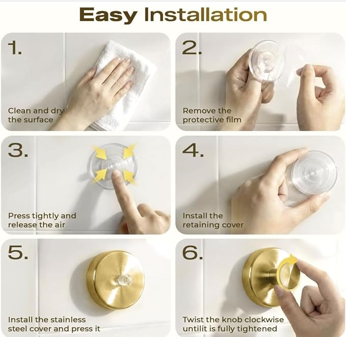 6-Pack Upgraded Stainless Steel Suction Cup Hooks, Heavy Duty Adhesive Hooks No Drilling & Traceless, Reusable for Bathroom, Glass, Front Door Hanging - Gold，Bathroom, Shower, Towel,Wall Mount